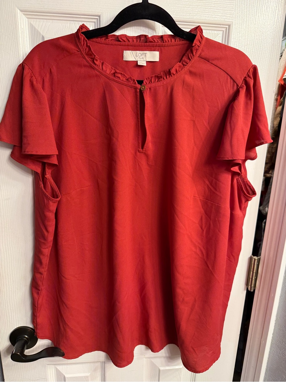 LOFT Coral-Red Ruffle Keyhole Flutter Sleeve Blouse